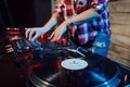 Cute dj woman having fun playing music at club party Royalty Free Stock Photo