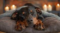Cute doberman dog lounging on the gray sofa bed under soft blanket in living room. Happy or Tired sleeping or having Royalty Free Stock Photo