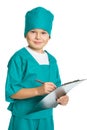 Cute doctor boy with medical clipboard isolated on