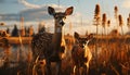 Cute doe grazing in meadow, sunset tranquil beauty generated by AI