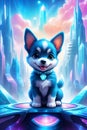 A cute dog with abstract background, in a fututistic city, cartoon style, digital anime art, fantasy, animal