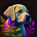 Portrait of beautiful golden labrador, abstract digital art, colorful bright painting.