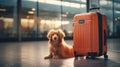 Cute dog at the airport guarding big orange suitcase, anticipating the return of hist master. Adorable pet. Generative AI Royalty Free Stock Photo