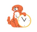 Cute dog with alarm clock. Time management, biorhythms concept. Funny happy doggy, puppy waiting, expecting, hinting