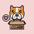 The cute dog animal cartoon character is in a cardboard box that says adopt me