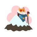 Cute dog animal cartoon character skiing in ski resort, snow mountain landscape vector Illustration on a white