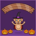 Cute Dog Animal Wearing Vampire Halloween Custome, With Blank Space Banner, Pumpkins And Flying Position.