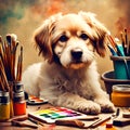 Cute dog artist with artistic tools in jolly vintage style