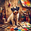 Cute dog artist with artistic tools in jolly vintage style