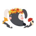 Cute dog in autumn leaves crown holding mushrooms character illustration