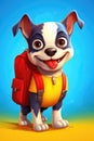 Cute dog with backpack, cartoon style. Back to school theme. Puppy on blue background illustration. AI Generated Royalty Free Stock Photo