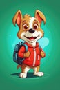 Cute dog with backpack, cartoon style. Back to school theme. Puppy on green background illustration. AI Generated Royalty Free Stock Photo