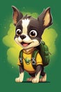 Cute dog with backpack, cartoon style. Back to school theme. Puppy on green background illustration. AI Generated Royalty Free Stock Photo