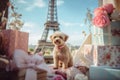 Cute dog on balcony with Eiffel tower view. Generate ai