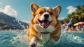 cute dog bathes in the sea, splashes, playful happy