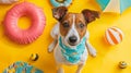 Cute dog with a blue bandana, surrounded by beach toys and floaties Royalty Free Stock Photo