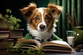 Cute dog with books and glasses on wooden table in library Royalty Free Stock Photo