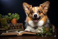 Cute dog with books and glasses on wooden table in library Royalty Free Stock Photo