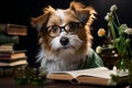 Cute dog with books and glasses on wooden table in library Royalty Free Stock Photo