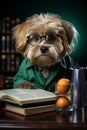 Cute dog with books and glasses on wooden table in library Royalty Free Stock Photo