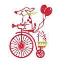 Cute dog and cat drive vintage bicycle. Vector color cartoons  illustration of old-style bike silhouette with dog, flowers and Royalty Free Stock Photo