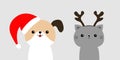 Cute dog cat face in red Santa hat, deer horns. Merry Christmas. Funny kawaii baby animal set. Cute cartoon funny character. Puppy Royalty Free Stock Photo