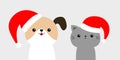 Cute dog cat face in red Santa hat. Merry Christmas. Funny kawaii doodle baby animal. Cute cartoon funny character. Puppy and Royalty Free Stock Photo