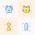 Cute dog and cat, pet food, bone, fish line icons