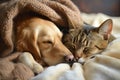 Cute dog and cat sleeping together in bed under blanket. Friendship of cute pets concept Royalty Free Stock Photo