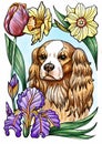 Cute dog Cavalier King Spaniel in flowers, floral wreath, bouquet