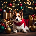 Cute dog with christmas tree and decorations balls and various gifts