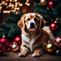 Cute dog with christmas tree and decorations balls and various gifts