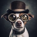 Dog wearing steampunk goggles and a tophat. Created using ai generative.