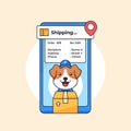 Cute dog courier mascot character for shipment package delivery service with mobile location tracking app vector illustration