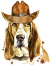 Watercolor portrait of basset hound with cowboy hat