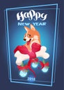 Cute Dog With Decorated Bone Over Happy New Year Lettering 2018 Asian Symbol