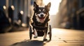 a cute dog with disabilities in a wheelchair walks down the street. Happy dog. Never give up