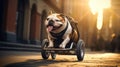 a cute dog with disabilities in a wheelchair walks down the street. Happy dog. Never give up