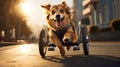 a cute dog with disabilities in a wheelchair walks down the street. Happy dog. Never give up