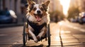 a cute dog with disabilities in a wheelchair walks down the street. Happy dog. Never give up