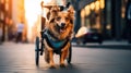 a cute dog with disabilities in a wheelchair walks down the street. Happy dog. Never give up