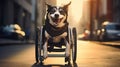 a cute dog with disabilities in a wheelchair walks down the street. Happy dog. Never give up