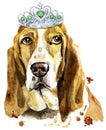 Watercolor portrait of basset hound with crown