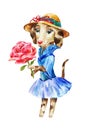 Cute dog in a dress and hat with large pink rose in a gift