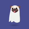 Cute dog dress up ghost suit. Little happy pug puppy in Halloween costume. Ghost Costumes for Dogs. Vector cartoon illustration Royalty Free Stock Photo