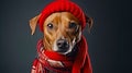 Cute dog dressed in a red scarf and hat with copy space Royalty Free Stock Photo