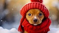 Cute dog dressed in a red scarf and hat with copy space Royalty Free Stock Photo
