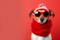Cute Dog Dressed in a Red Scarf and Hat.