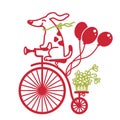 Cute dog drive vintage bicycle. Vector color cartoons  illustration of old-style bike silhouette with dog, flowers and ballons for Royalty Free Stock Photo