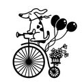 Cute dog drive vintage bicycle. Vector graphic illustration of old-style bike silhouette with flowers and ballons for print or Royalty Free Stock Photo